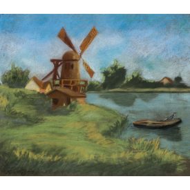 Kárpáthy Jenő jelzéssel: Folyóparti táj szélmalommal