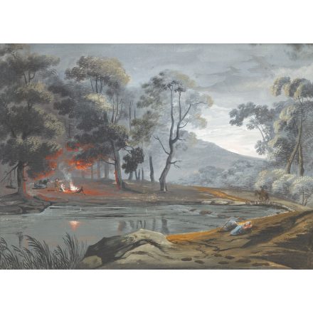 XIX. századi német festő: Romantikus tájkép - Táborozók a tűznél